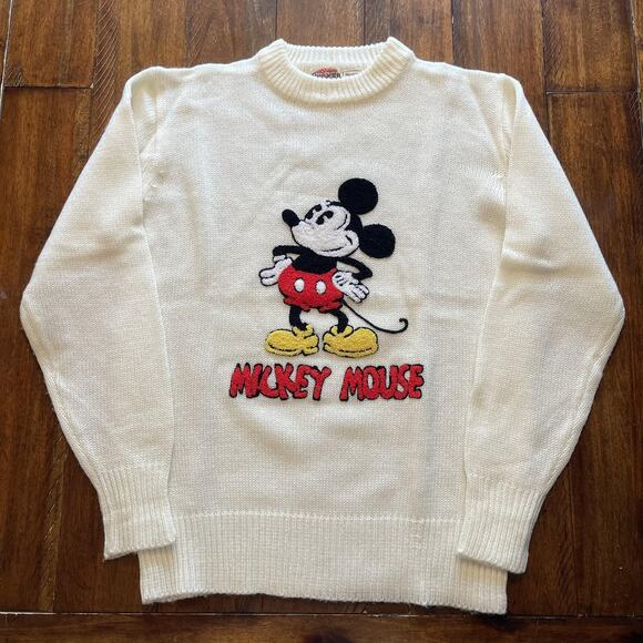 Vintage Disney Mickey Mouse Sweater Mens Medium White Knit Crewneck Pullover 80s - Picture 2 of 8